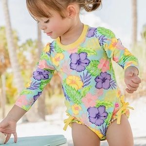 RuffleButts Baby Girls Long Sleeve One Piece Swimsuit w/ UPF 50+ Sun Protection